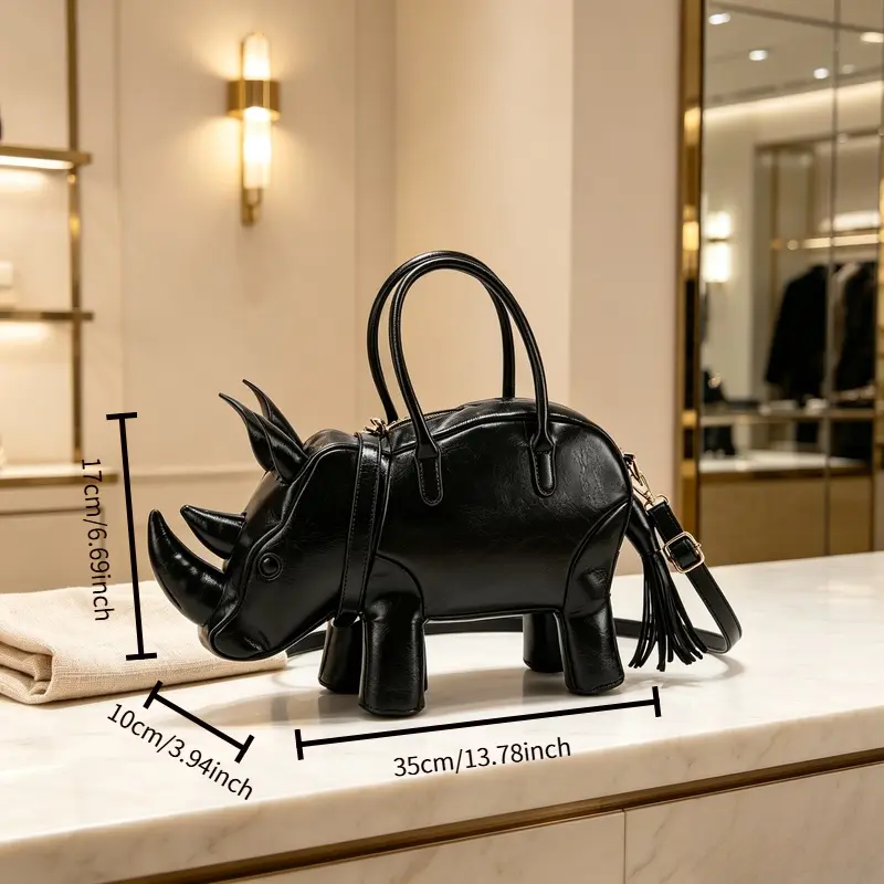 Novel 3D rhinoceros shaped women's handbag, unique black leather animal jumpsuit wallet, creative and interesting rhinoceros shoulder bag with detachable shoulder strap, fashionable declaration handbag, suitable for party and street wear