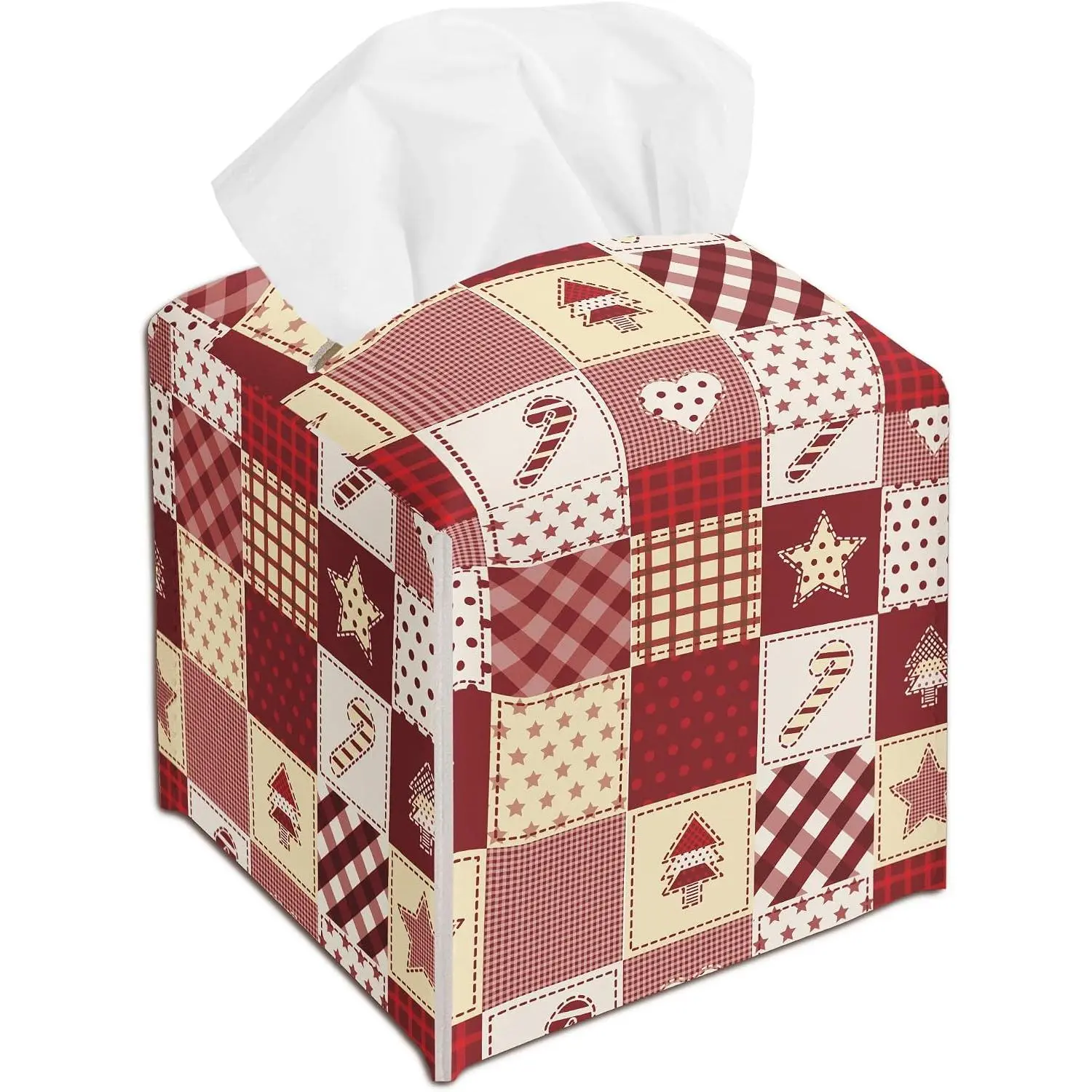 Christmas Patchwork Print Design Tissue Box Cover Holder, Cute  Tissue Box Cover Square, Xmas  Ideas for Family , Bathroom Kitchen  Office  Decor(5.2 Inches)-B19