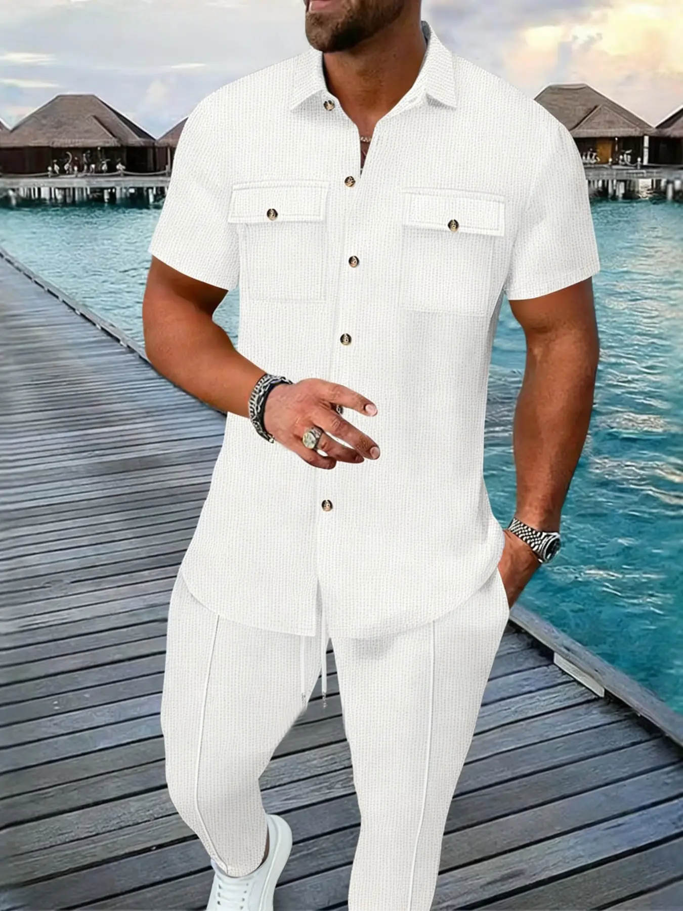 Men's Summer Tropical Casual Business Two-Piece Set, Plaid Short Sleeve Shirt & Slim Fit Long Pants, Waffle Texture Dual Pocket Shirt Suit, Menswear, Casual Matching Sets