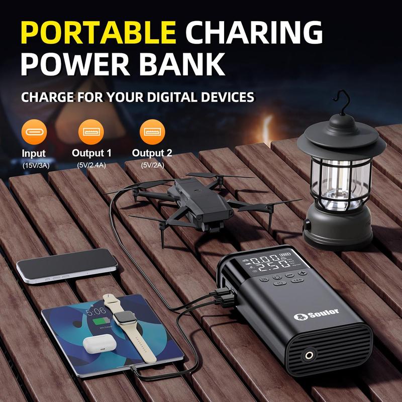 Soulor CYD22 5-in-1   with 150PSI Air Compressor, 10000mAh Portable Power Bank, LED Flashlight & SOS for Car/SUV/Truck Emergency ultra-safe