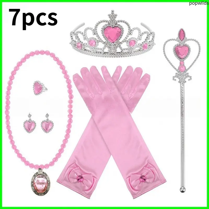 Girls' Princess Costume Jewelry Set - 7pcs Accessory Kit (Pink Crown, Magic Wand, Necklace, Earrings, Rings, Gloves, MDF-Steel Accents) for Birthday Party Cosplay Gift