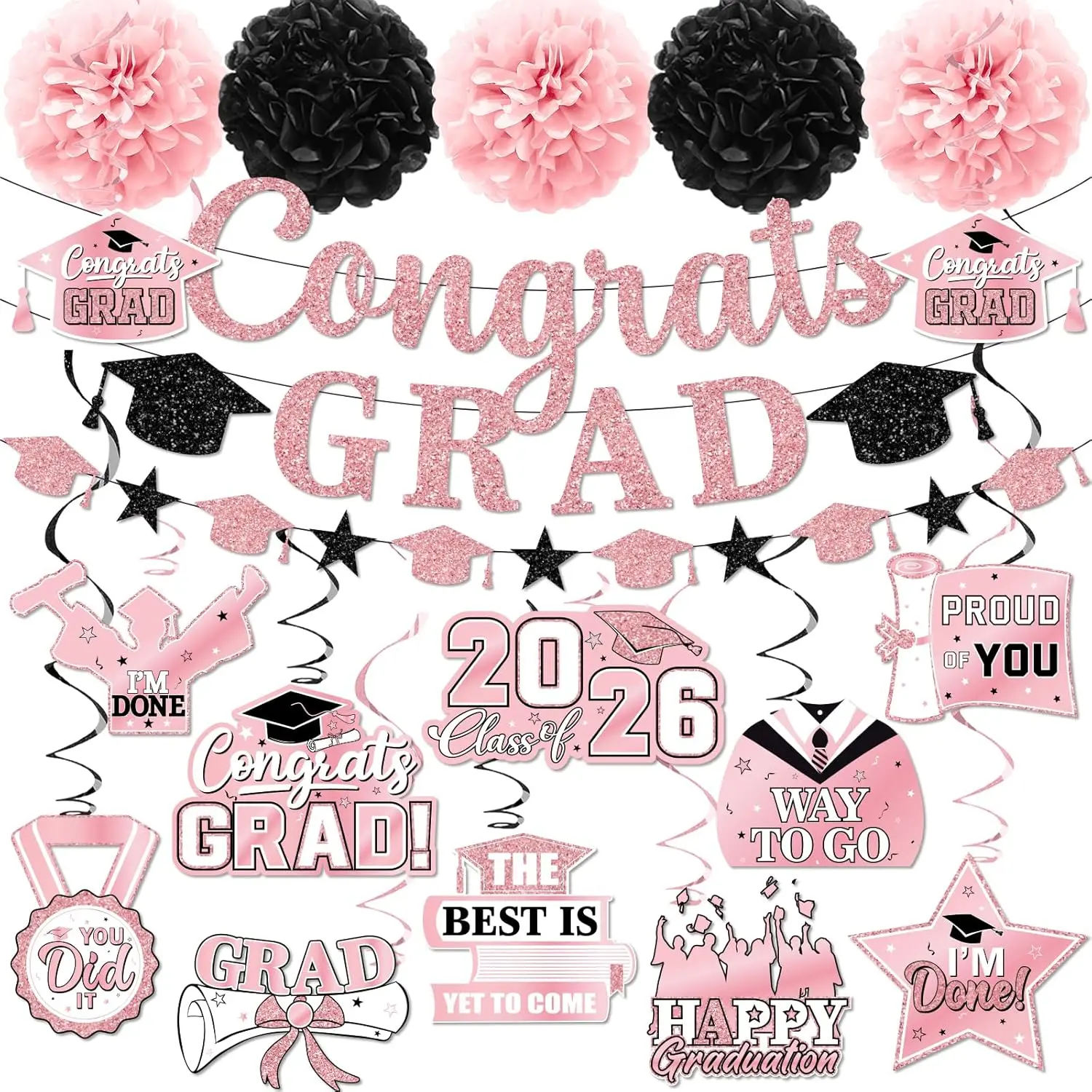 Women's Graduation-Themed Photo Props Set, 2026 Blush Pink Rose Gold Decor Pack with Congrats Grad Banner, Hanging Swirls for College Grad Party Wall Decor, Class Of 2026, Senior 2026