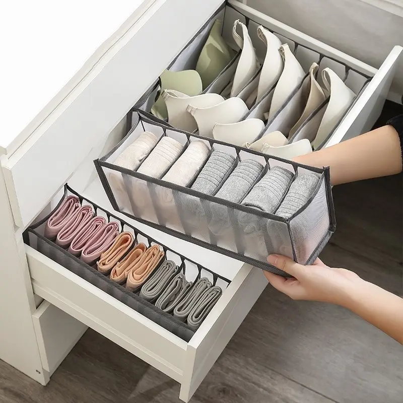 2pcs Lingerie Storage Organizer, Mesh Fabric, 7 Grids for Underwear and Socks, Space-Saving Drawer Solution, Home, Bedroom, Dormitory