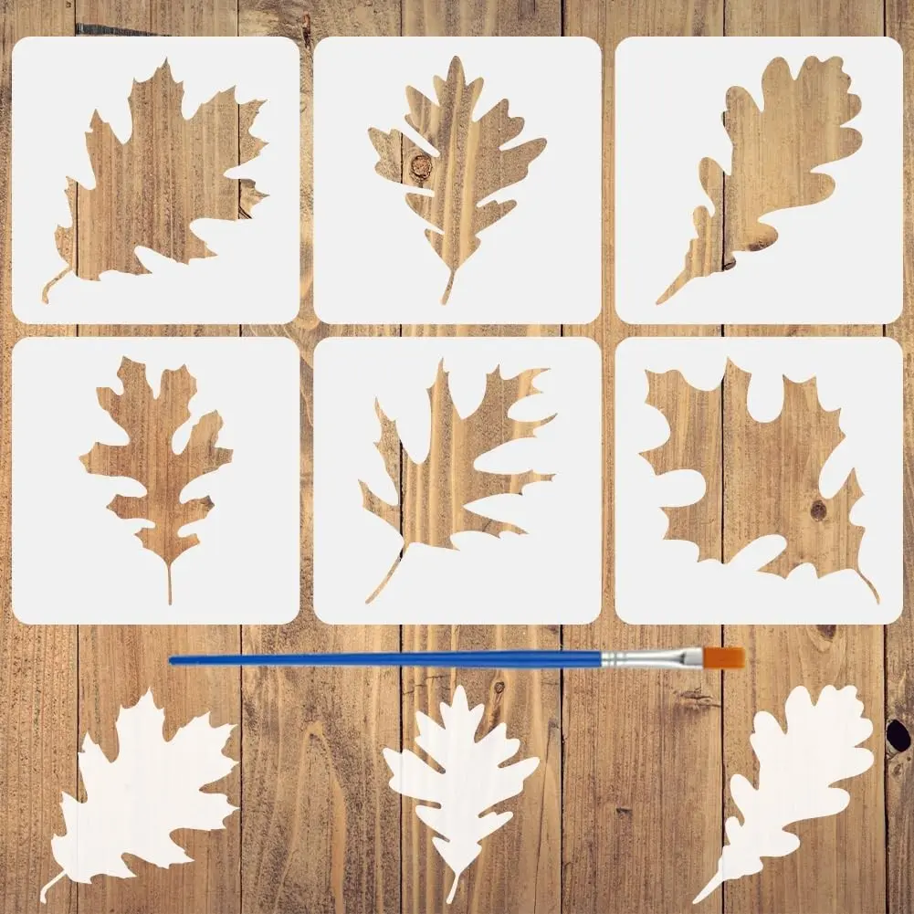 6-Piece Oak Leaf Stencils DIY Toolset with 1 Brush, 5.9x5.9in Wood Stencil with Leaf Patterns for Wall Decor, Home Art, DIY Painting on Furniture, Plant Theme