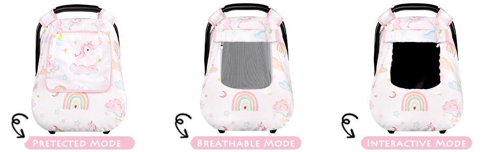 Baby Carseat Cover Girls, Pea Pod Unicorn Infant Car Seat Covers Canopy for Newborn with 2 Layers Windows of Breathable Mesh/Fabric, Lightweight Polyester/Minky Dot Backing, Snug Fit
