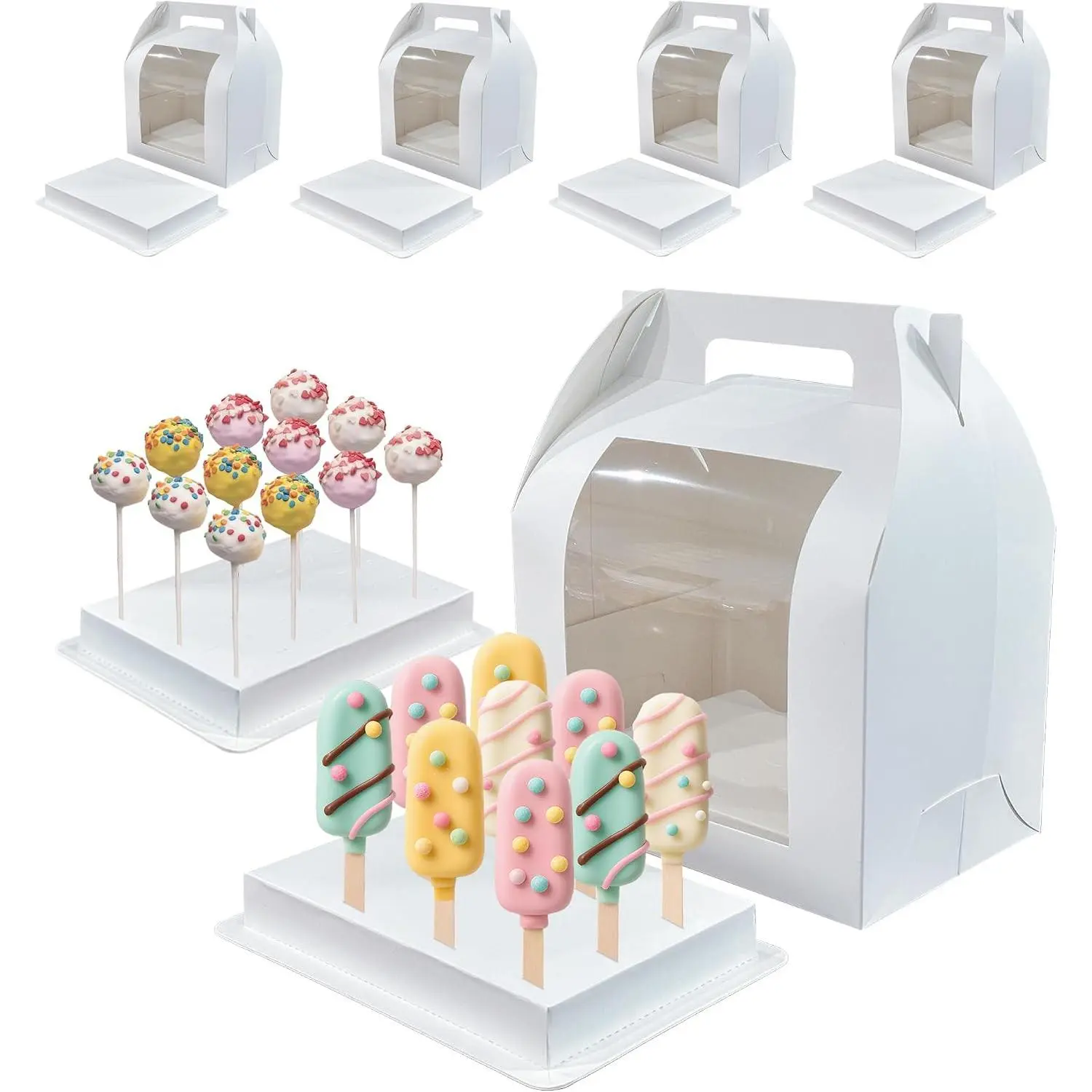 4 Pack Portable Cake Pop Holder Boxes,Cake Pop Boxes Packaging, Cake Pop Display Stand with Clear Window,white Cakesicle boxes