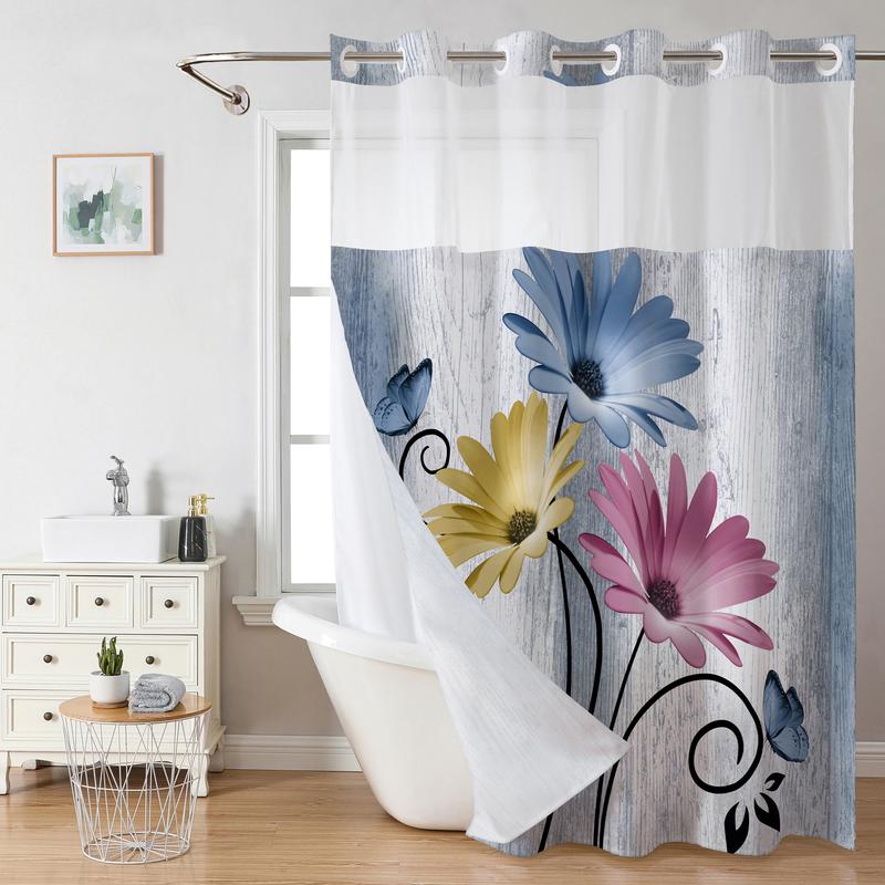 No hooks double-layer shower curtain, Daisy printed waterproof fabric, retro country style home decoration, hotel, dormitory and bathroom accessories, 72x75in