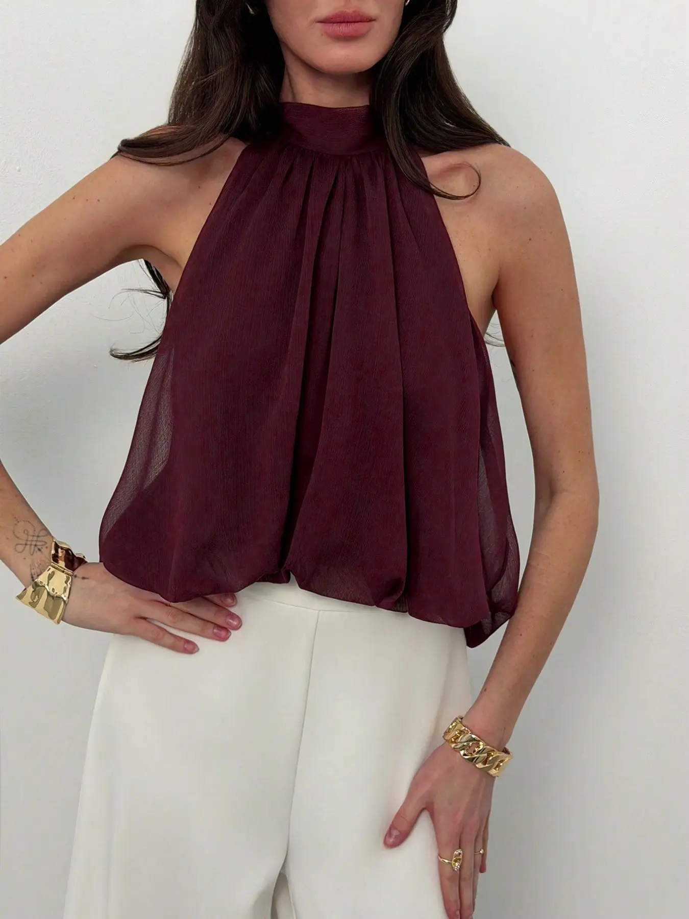 Women's Pleated Back Tie Front Sleeveless Shirt, Tops, Casual Office Wear, Slim Fit, Plain Surface, Unlined, Weighted at 88.2g/m²