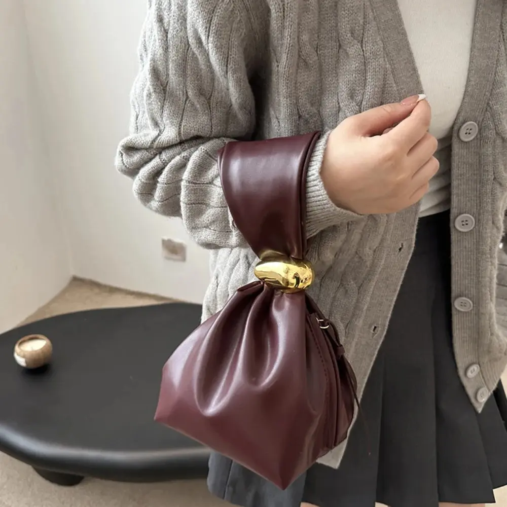 Women's Retro Waterproof PU Leather Pleated Clutch Bag - Crossbody Messenger Bag with Kiss Lock, Knot Decoration, Casual