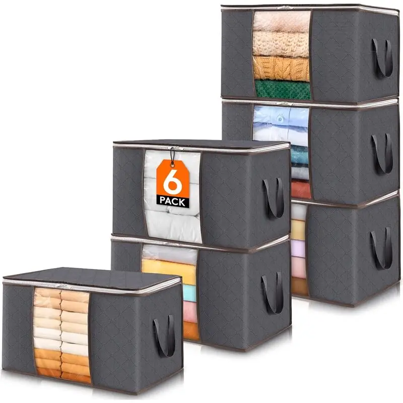 6 Pack Clothes Storage Bins with Lids, Foldable Blanket Storage Bags with Zippers, Clear Window and Reinforced Handles, Closet and Organization for Clothing, Sweater, Comforter, Bedding
