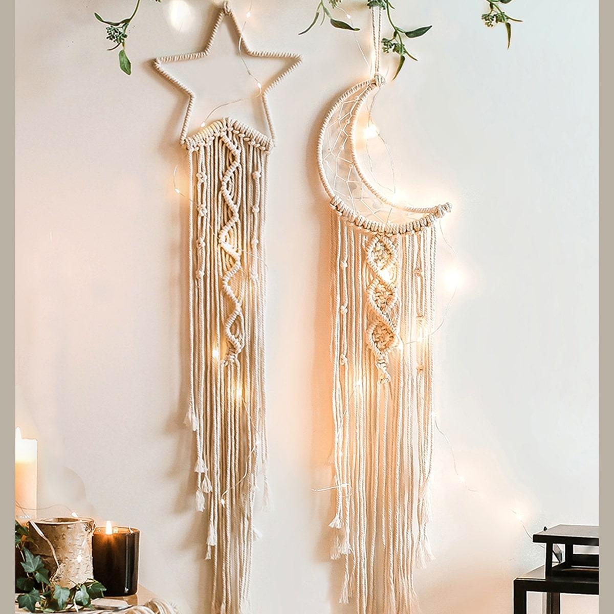Tassel Dream Catcher Hanging Ornaments, 1 Set Hand Woven Lace Stars Moon Dreamcatcher Wall Hanging Decor without LED Lights, Hangable Wall Art for Home, Bedroom, Hanging Room Decor, Boho Decoration, Interior Wall Decor