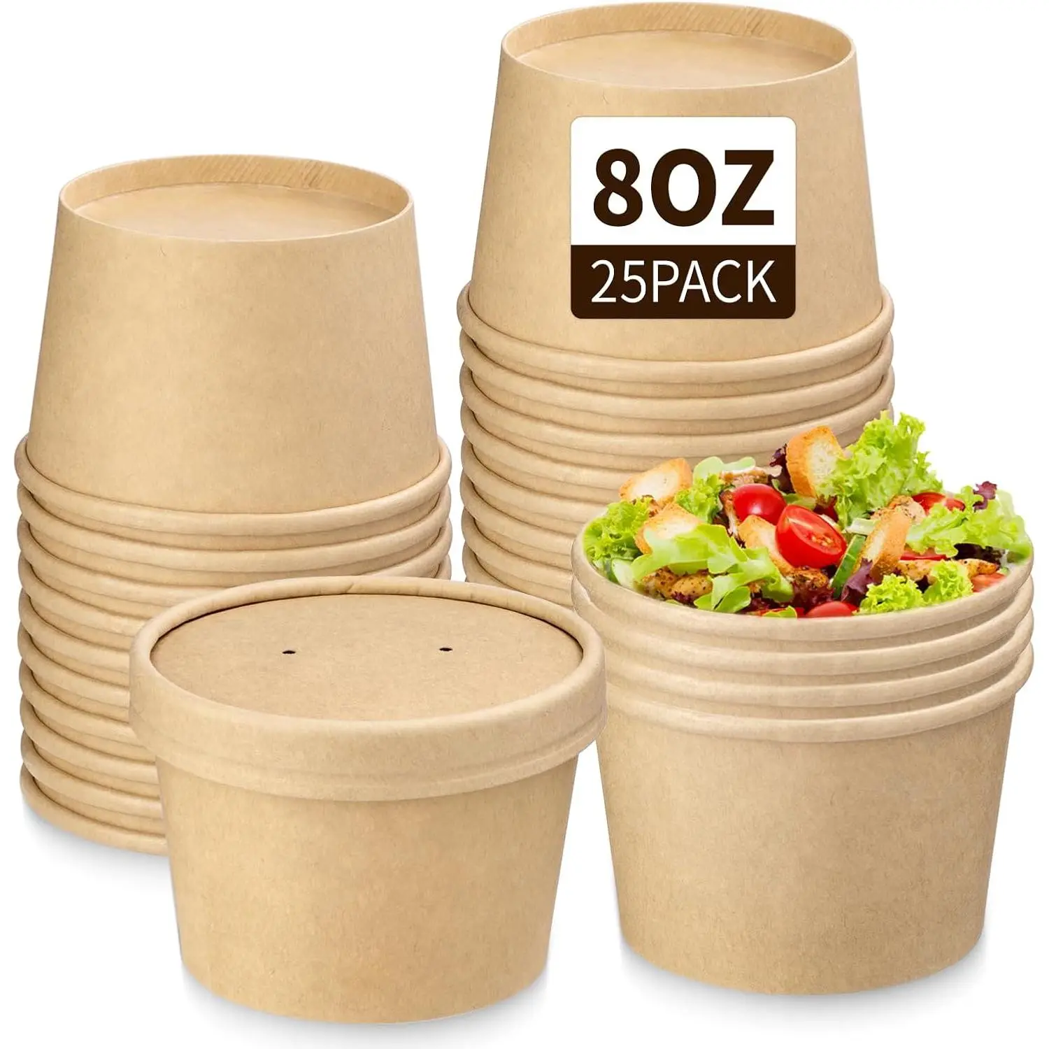 25 Pack 8oz Paper Soup Cups with  Disposable Ice Cream Cups | Vented Paper  Cup with  Meal Prep Dessert Cups for Candy, Noodles, Salad, Fruit- Microwave and Refrigeratory Save