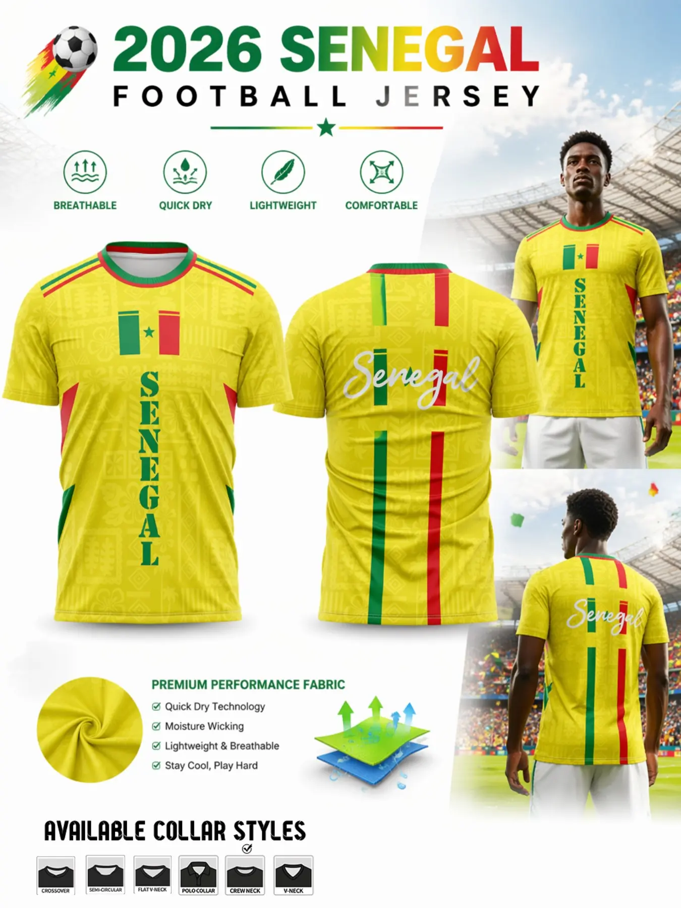 Senegal National Football Jersey, Bright Base, African Tribal Pattern, Stripes, Quick-Dry Polyester, Lightweight Jersey, Sporty Short Sleeve