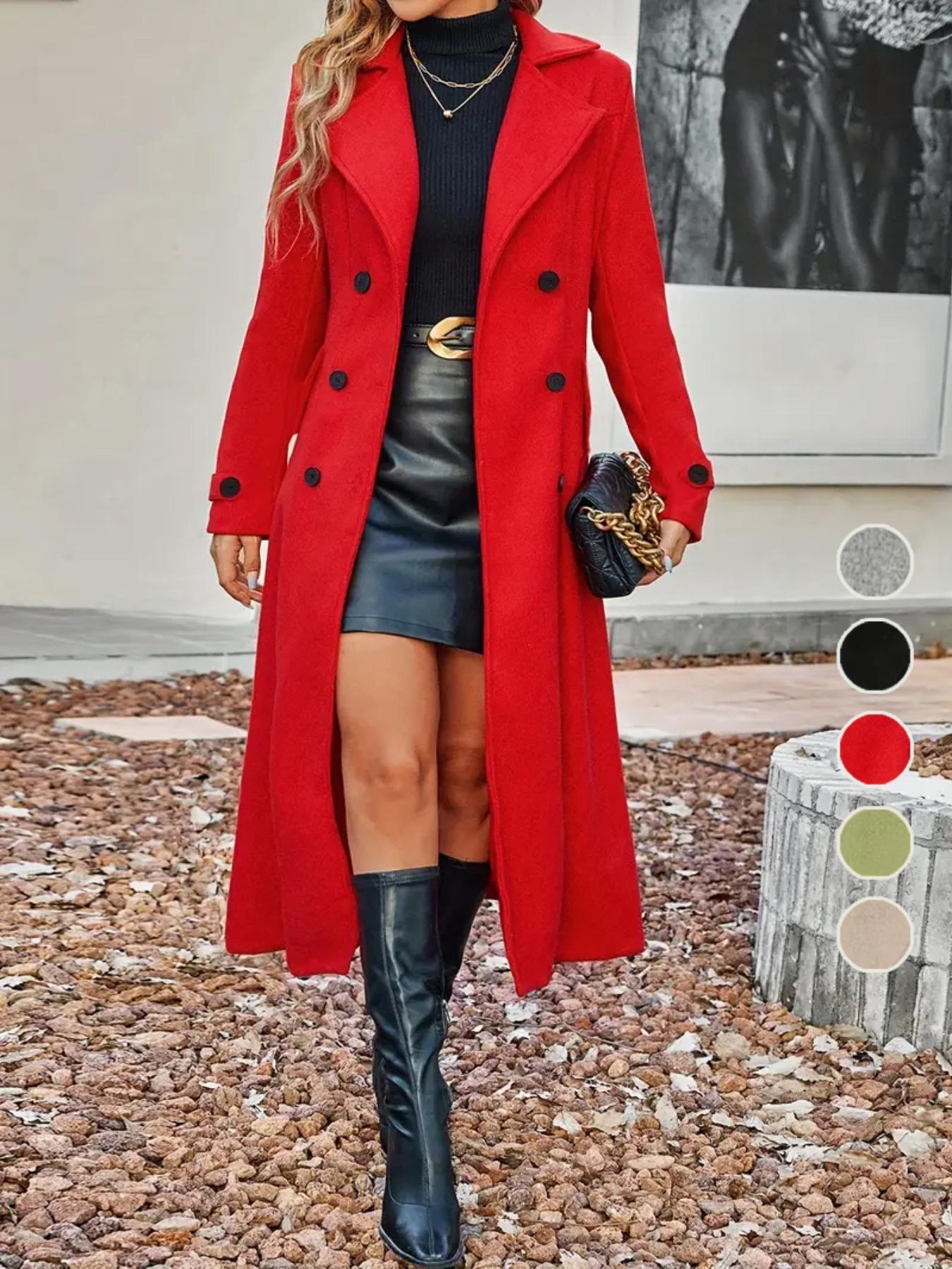 Women's Solid Double-Breasted Wool Coat, Elegant Long Coat for Autumn & Winter Wear