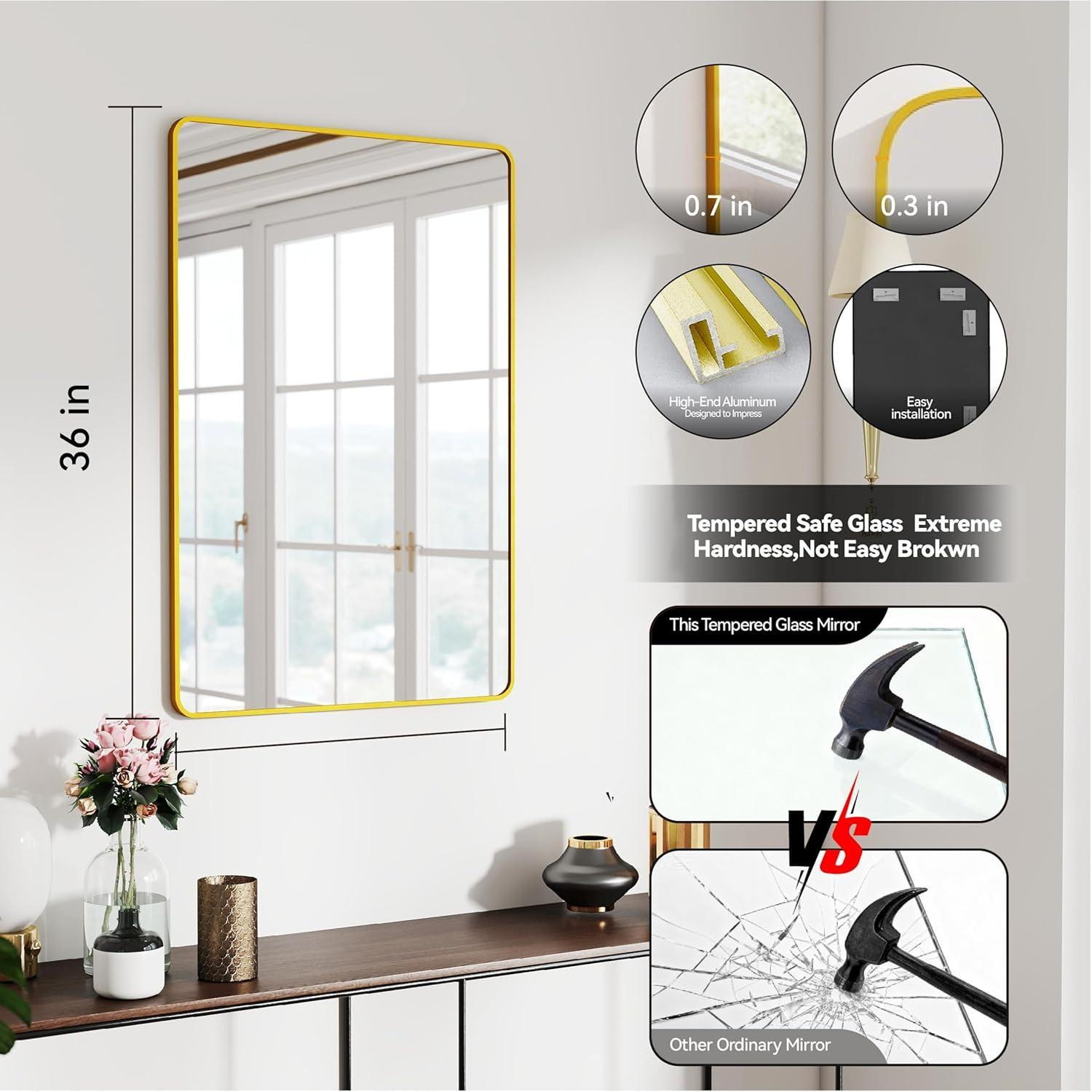 24x36 Mirror Rectangle Full Length Wall Mounted or Against Wall  Alloy Metal Frame Dressing Mirrors for Entryway Bedroom Bathroom Living Room 36x24 inch