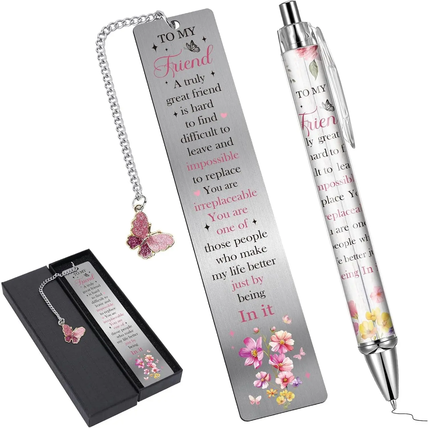 Inspirational Metal Bookmark - 2 count   Book Marks Friendship Charm  Page Markers with Pen Butterfly Pendant for Reading Lovers Women Birthday Gifts Accessories