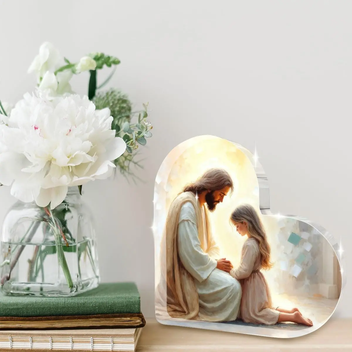 Heart-Shaped Acrylic Desk Ornament, Jesus and Girl Praying Transparent Acrylic Sign, Warm Light Oil Painting Christian Decor, Home Bedroom Church Gift