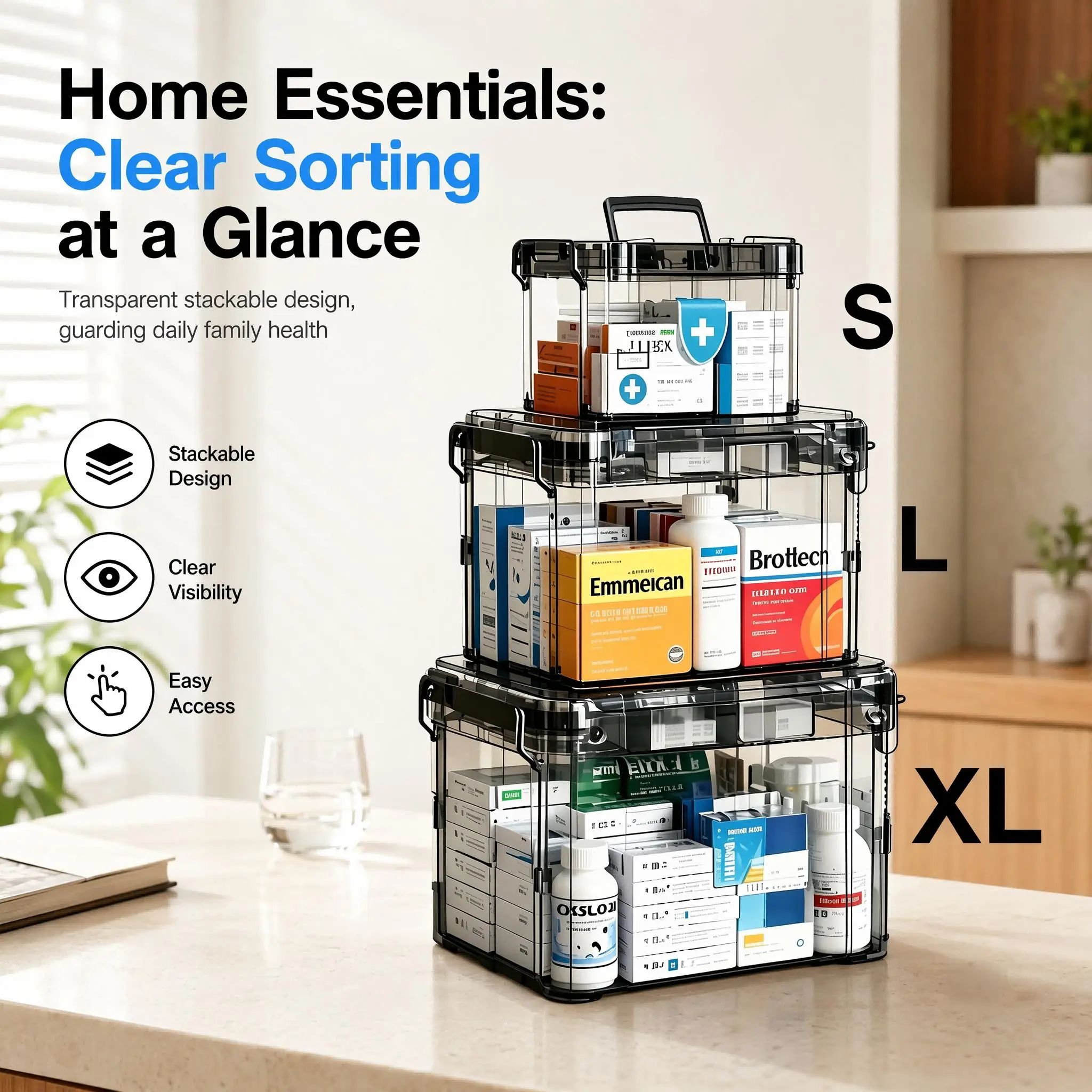 4 Sizes Available (S / L / XL / S+L +XL) Stackable Clear Medicine Storage Box with Buckle Sealed Lid & Portable Carry Handle, Dustproof Moisture-Proof First Aid Organizer Case for Home, Car, Travel, Office & Outdoor Emergency Use