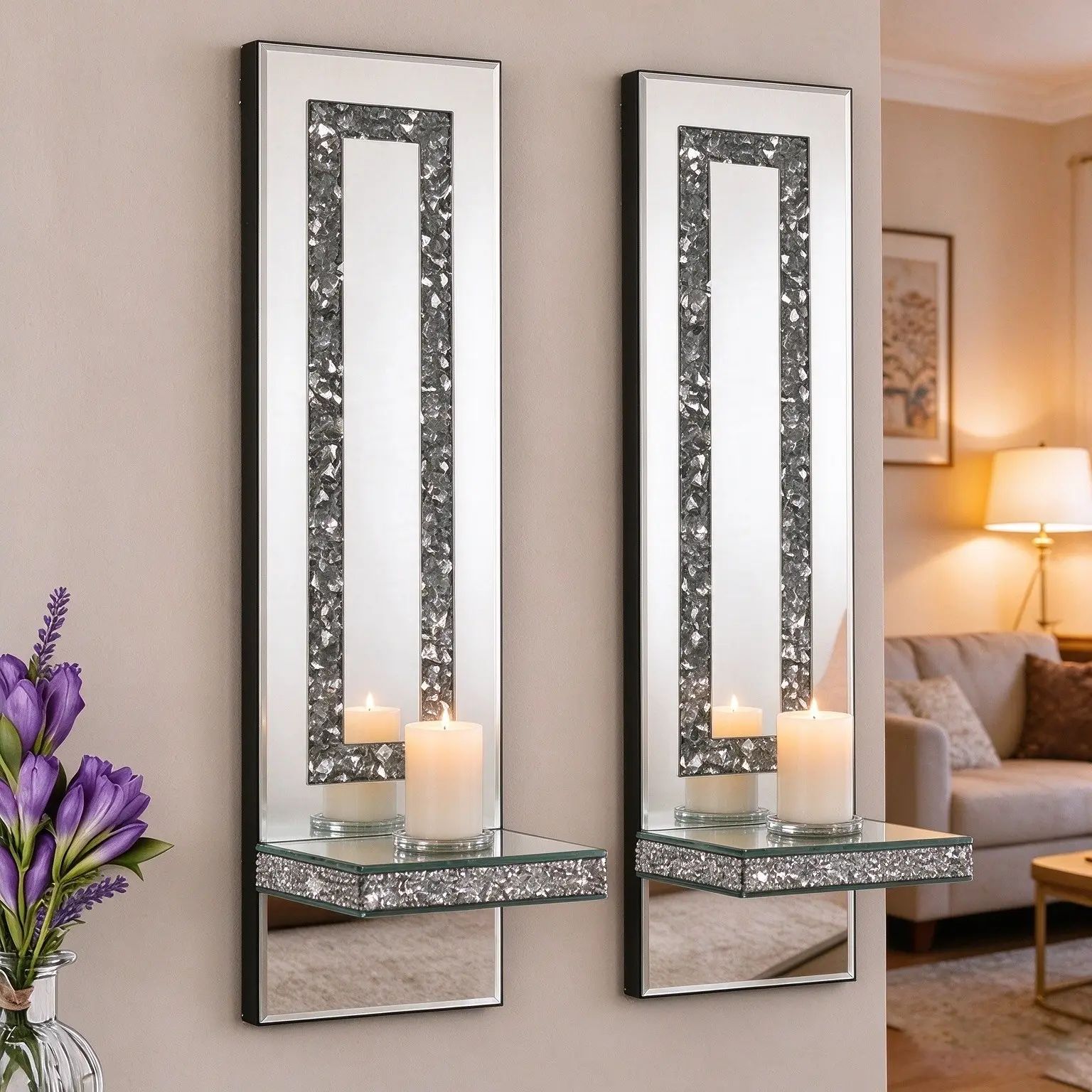 Nordic Wall Hanging Storage Mirror, Diamond Glass Organizer with Candlestick, Modern Luxury Wall Decor for Home, Living Room, Bedroom, Entryway, Home Decor Mirrors