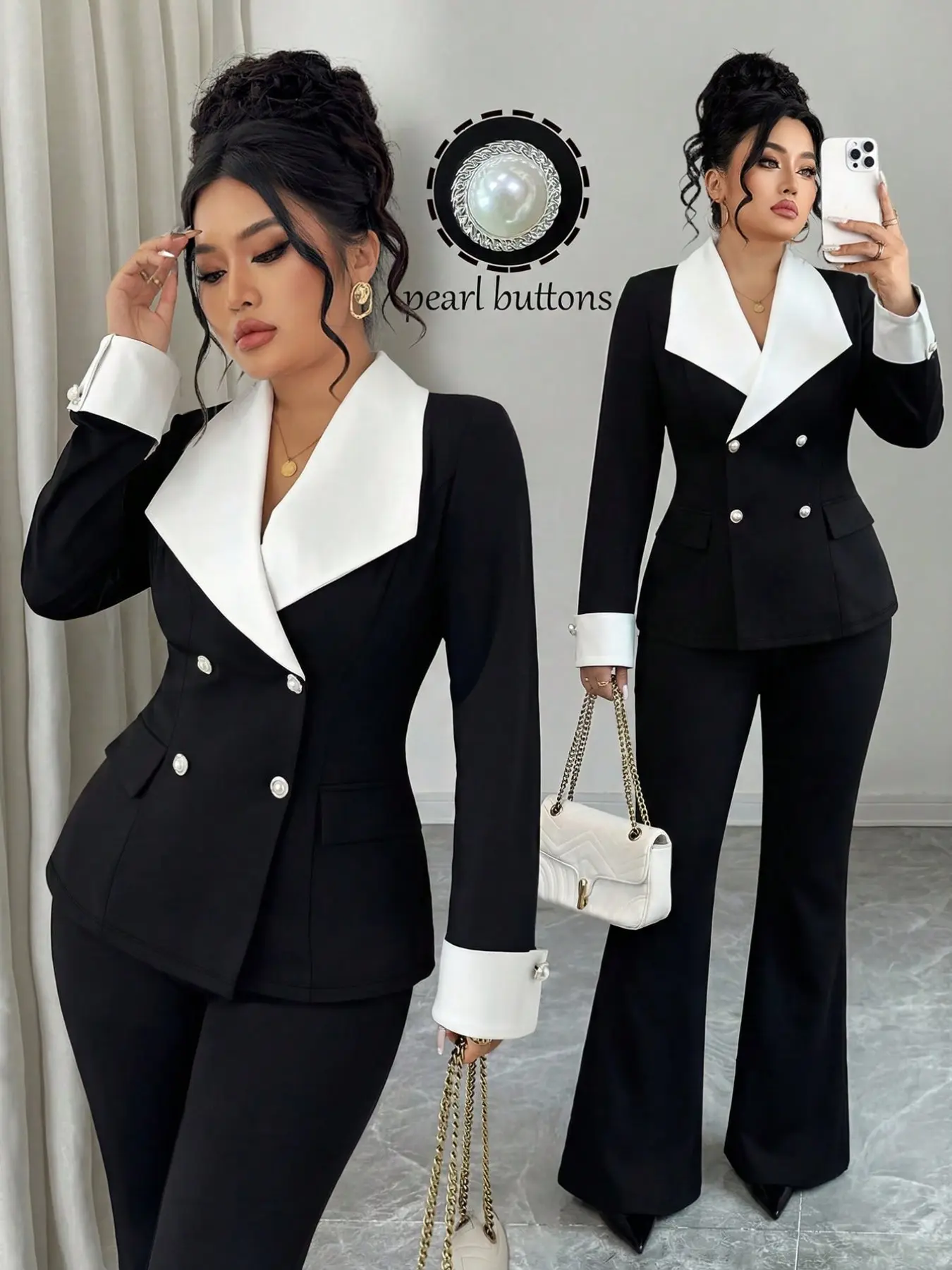 Plus Size Women’s Elegant 2 Piece Blazer Set, Contrast White Lapel Pearl Button Jacket with Flare Pants, Chic Business Casual Outfit for Work, Office, Dinner and Special Events