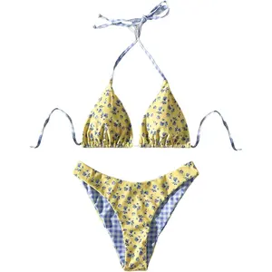 Women 2 Piece Floral Bikini Set Boho Halter Triangle High Cut Cheeky Swimsuits Summer Beach Vacation Bathing Suits