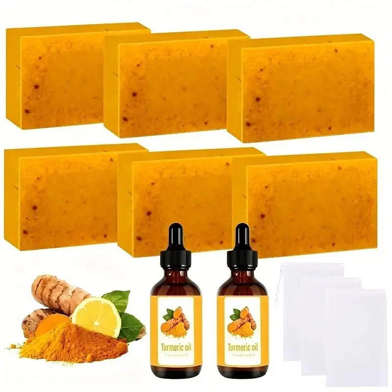 Turmeric Soap & Essential Oil Set, Turmeric Cleansing Hydrating Moisturizing Soaps, Including 6 Counts Turmeric Soap & 2 Counts Essential Oil & 6 Counts Soap Saver, Daily Skin Care Set for Men & Women #GLOBAL PICKS