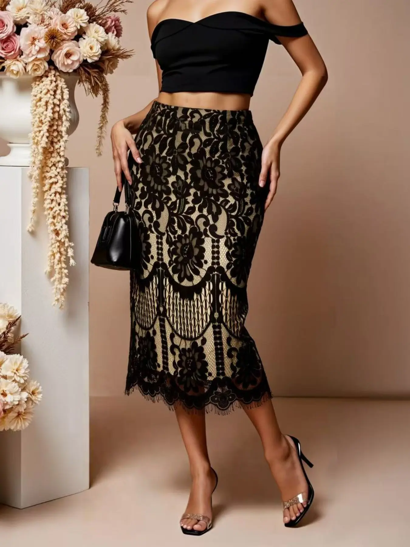 Sheer Floral Lace Bodycon Fish Tail Half Chic Elegant Feminine Skirt, High Waist Butt Lift Covering Hip Party Atmosphere Mid-Length Dress