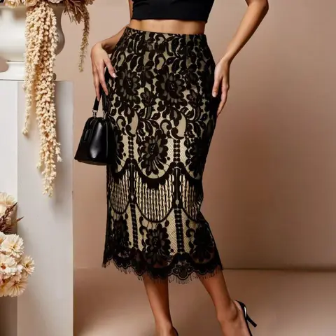 Sheer Floral Lace Bodycon Fish Tail Half Chic Elegant Floral Pattern Skirt, High Waist Butt Lift Covering Hip Party Atmosphere Mid-Length Dress