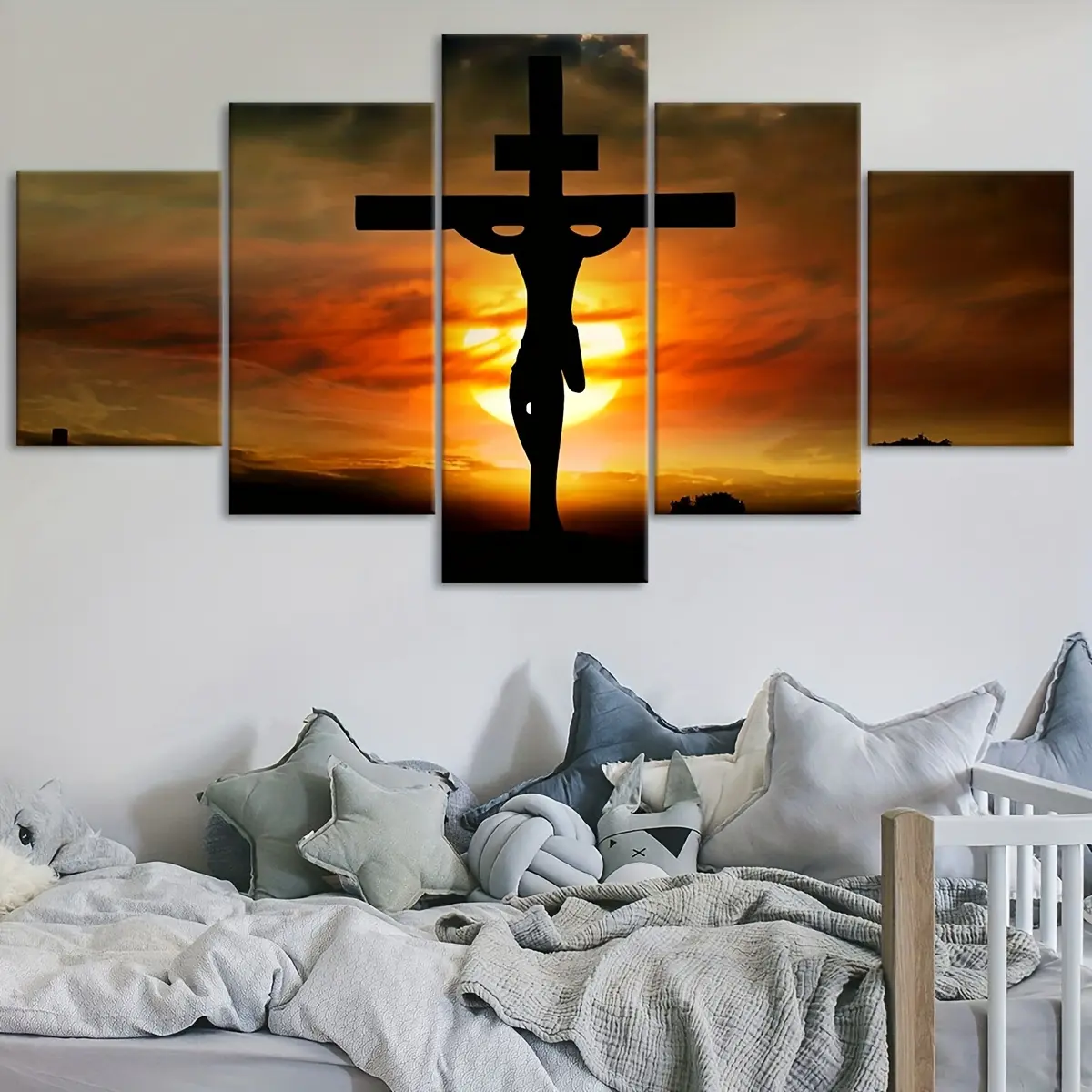 2D Flat Style, [2D Flat] 5-Piece Sunrise Cross Jesus Christ Canvas Poster Set, Five-Panel Scene Art, Modular Decorative Painting, Printed Oil Painting, Modern Art, Ideal Decor For Bedroom, Living Room, Kitchen, Dormitory, Wall Decoration, Great Gift For