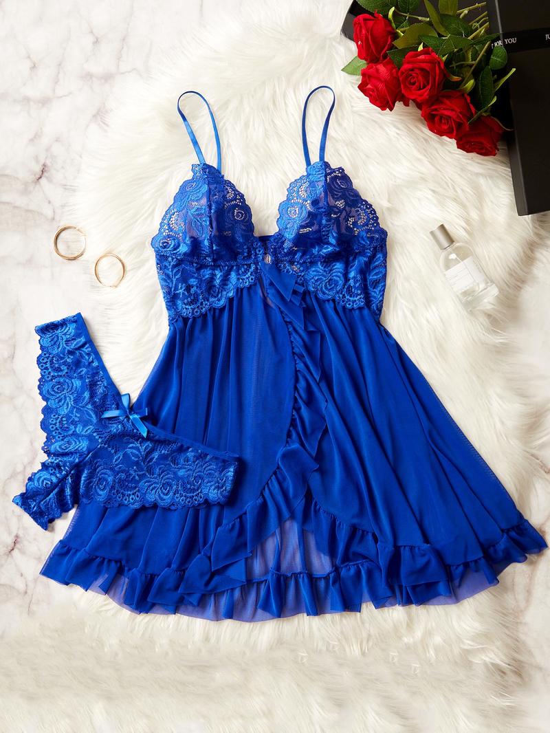 Ladies' Sexy Ruffle Trim Cami Nightdress & Bow Decor Panty Set, Comfortable Playful Floral Lace Sheer Sleepwear Set, Glamour Lingerie Set