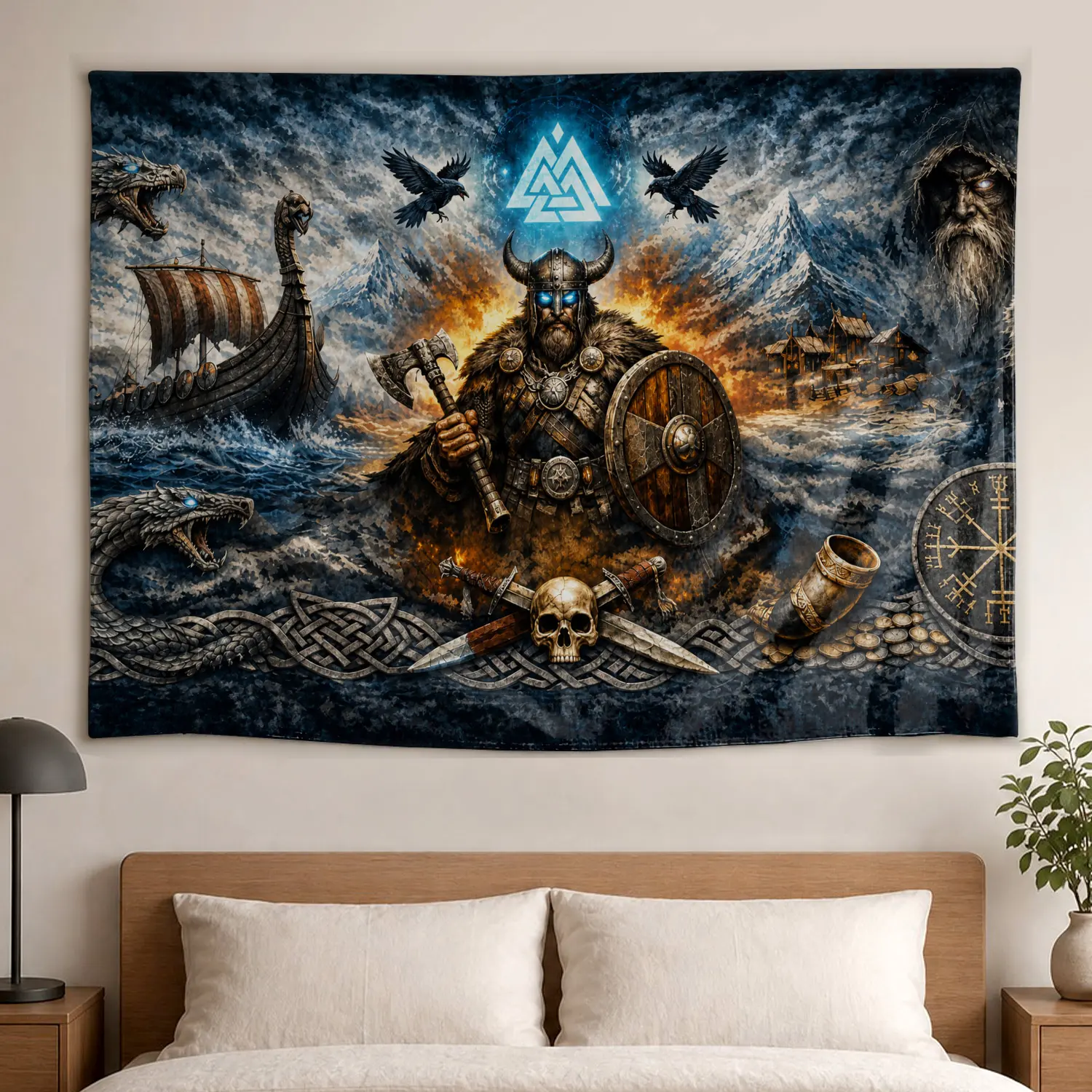 Viking Warrior Dragon Mythical Norse Artwork Wall Tapestry - Multi-Size Sustainable Printed Horizontal Polyester Blanket, Easy Decoration for Living Room, No-Installation Indoor-Outdoor Wall Decor, Gift for Loved Ones