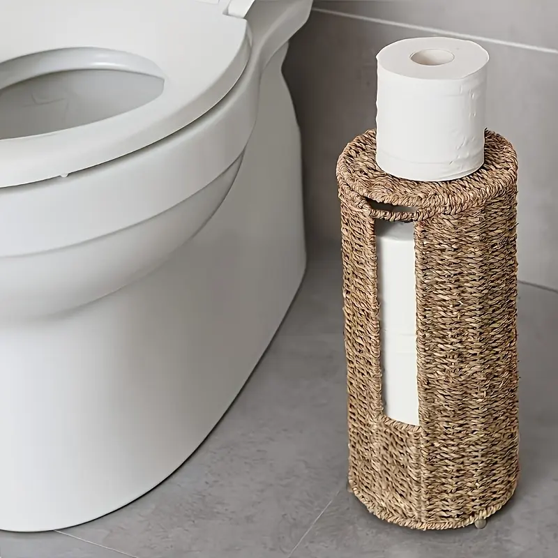 Freestanding 3-Roll Toilet Paper Storage Organizer, Rustic Woven Toilet Paper Holder with Self-Adhesive No-Drill Mounting for Bathrooms, Natural Wicker Texture Design for Farmhouse-Style Bathroom Decor