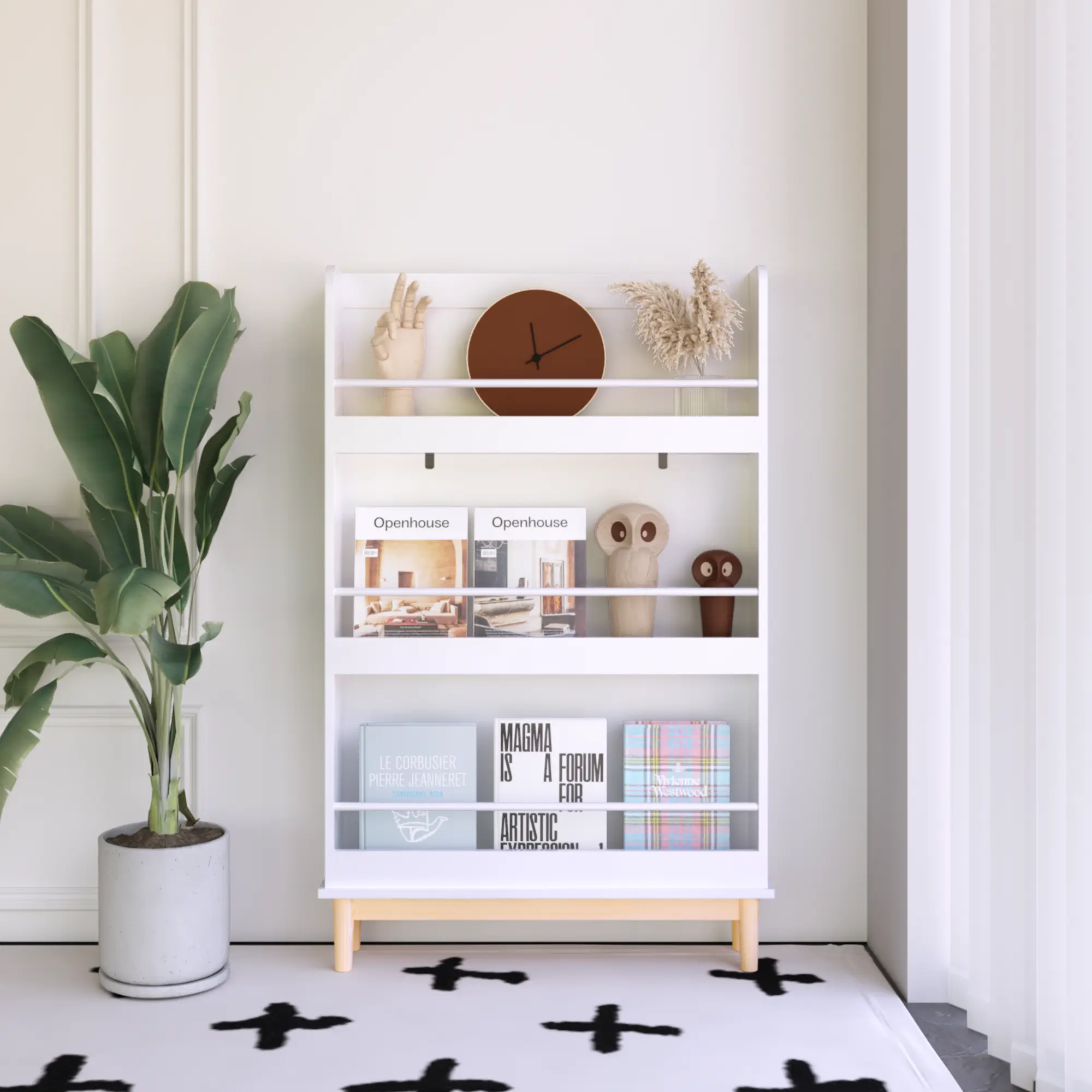 ARCH Wall-Mounted Kids Bookshelf with 3 Front-Facing Display Shelves, Modern White Book Rack with Natural Wood Base for Toddler Bedroom, Nursery or Playroom, Children's Bookcase Organizer for Storybooks and Picture Books, Home Furniture and
