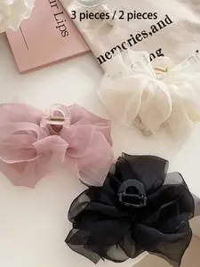 3 Piece/2 Piece Set Soft Silk Bow Hair Clips, Fairy Net Fishnet Large Shark Clip, Princess Headwear Accessories, Elegant Hair Jewelry for Women, Barrettes Hair Clips, Hair Decor, Super Cute Clips