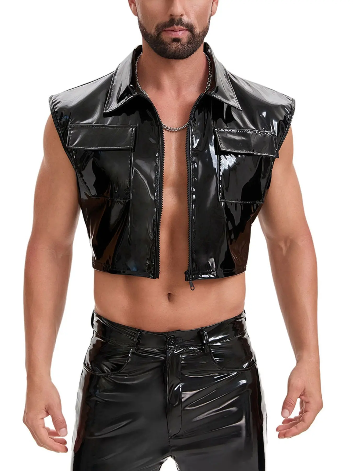 Men's Shiny Blazer Lapel Zipper Sleeveless Vest Punk Waistcoat Party, Unlined Plain Surface, Lightweight (88.2g/m²), Menswear