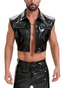 Men's Shiny Blazer Lapel Zipper Sleeveless Vest Punk Waistcoat Party, Unlined Plain Surface, Lightweight (88.2g/m²)