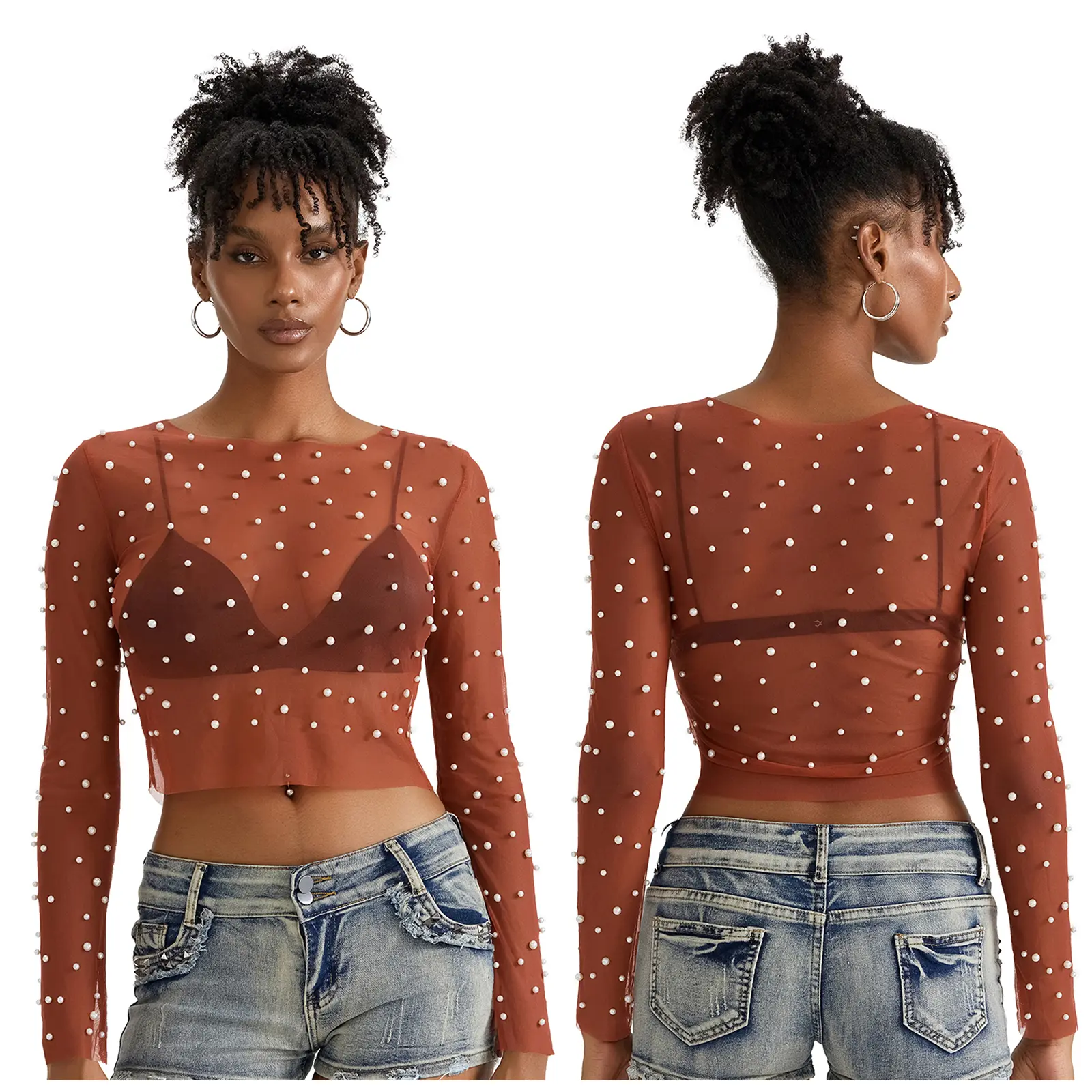 Women T-shirt, Long Sleeve Crew Neck See-through PearlsFit Ladies Tops for Club Party
