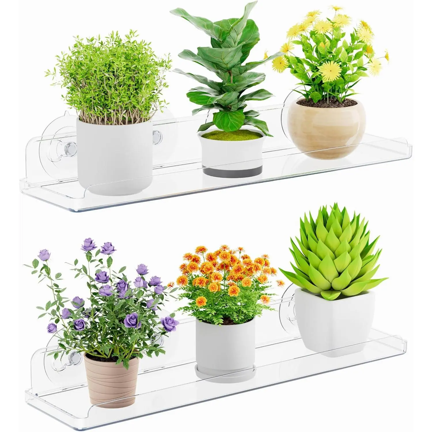 Window  Shelves 14.6", 2 Pack  Suction Cup Floating Shelf for Bathroom Mirror, or Kitchen Wall, Clear No-Drill Window Sill Extender for Indoor  Greens 37 x 9 cm/14.6x3.6