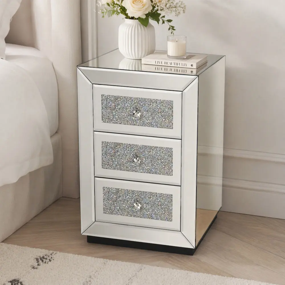 Littleox Mirrored Nightstand 3 Drawer, Silver Mirror Finish Bedroom Side Table with Crystal Handles for Living Room, Apartment, Office. Silver.