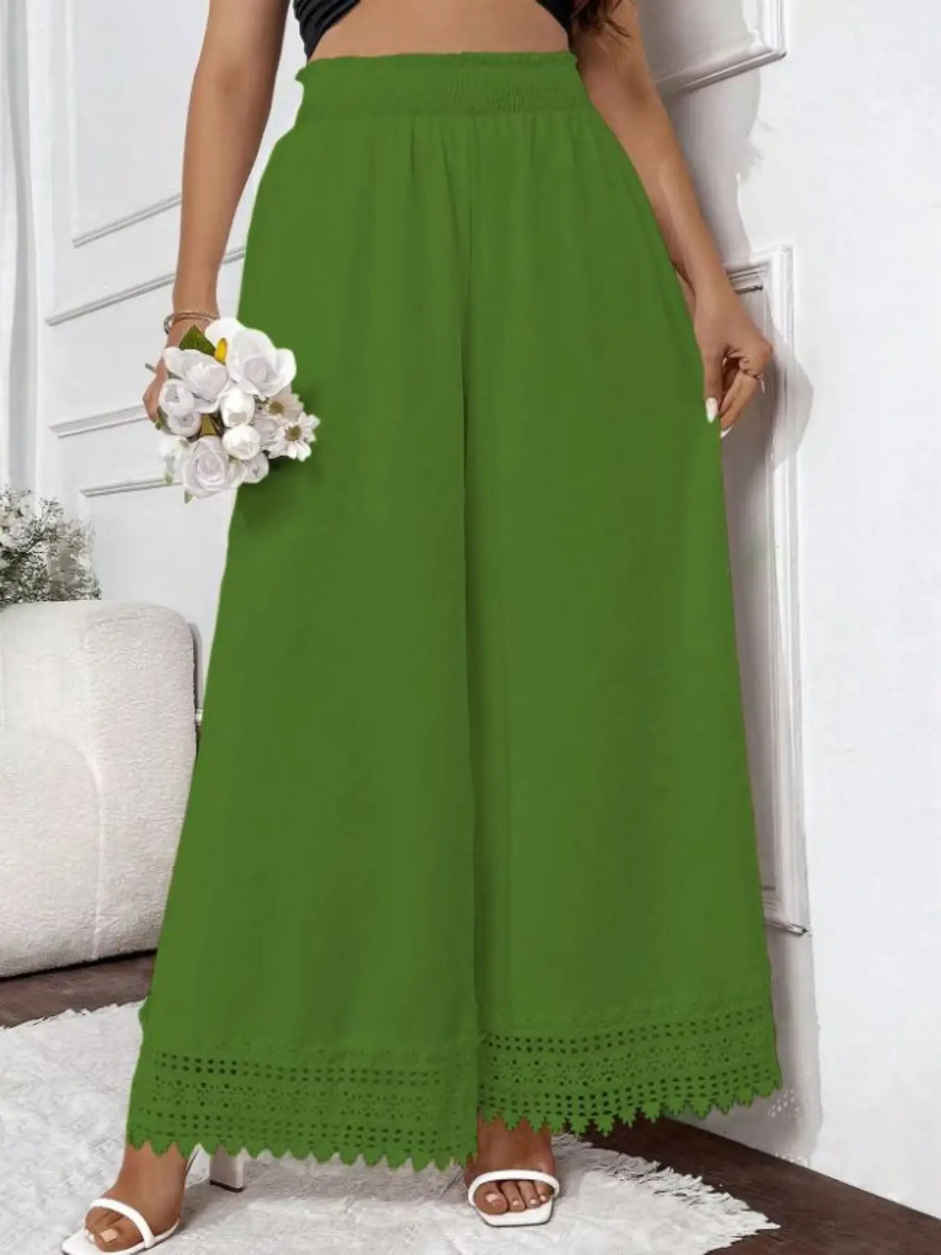 2026 European and American Women's Solid Chiffon Wide Leg Pants, Hollow Out Lace Hem, Lightweight Flowy Loose Vacation Casual Long Pants