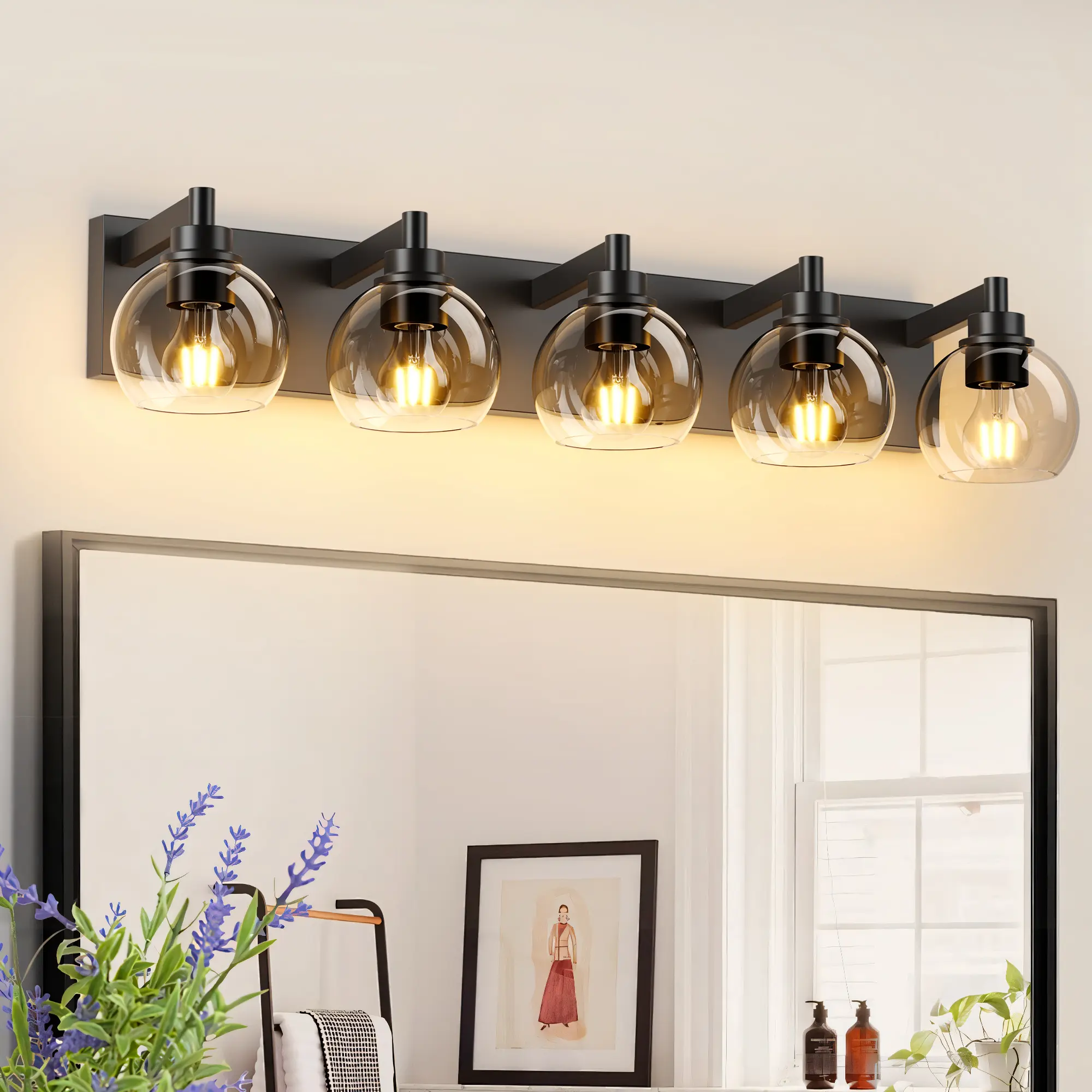 Modern Black Bathroom Vanity Light Fixtures Over Mirror, 3/4/5/6 Light Clear Globe Glass Wall Sconce, Farmhouse Vanity Lighting for Bathroom, Bedroom & Home Decor (Bulbs Not Included)