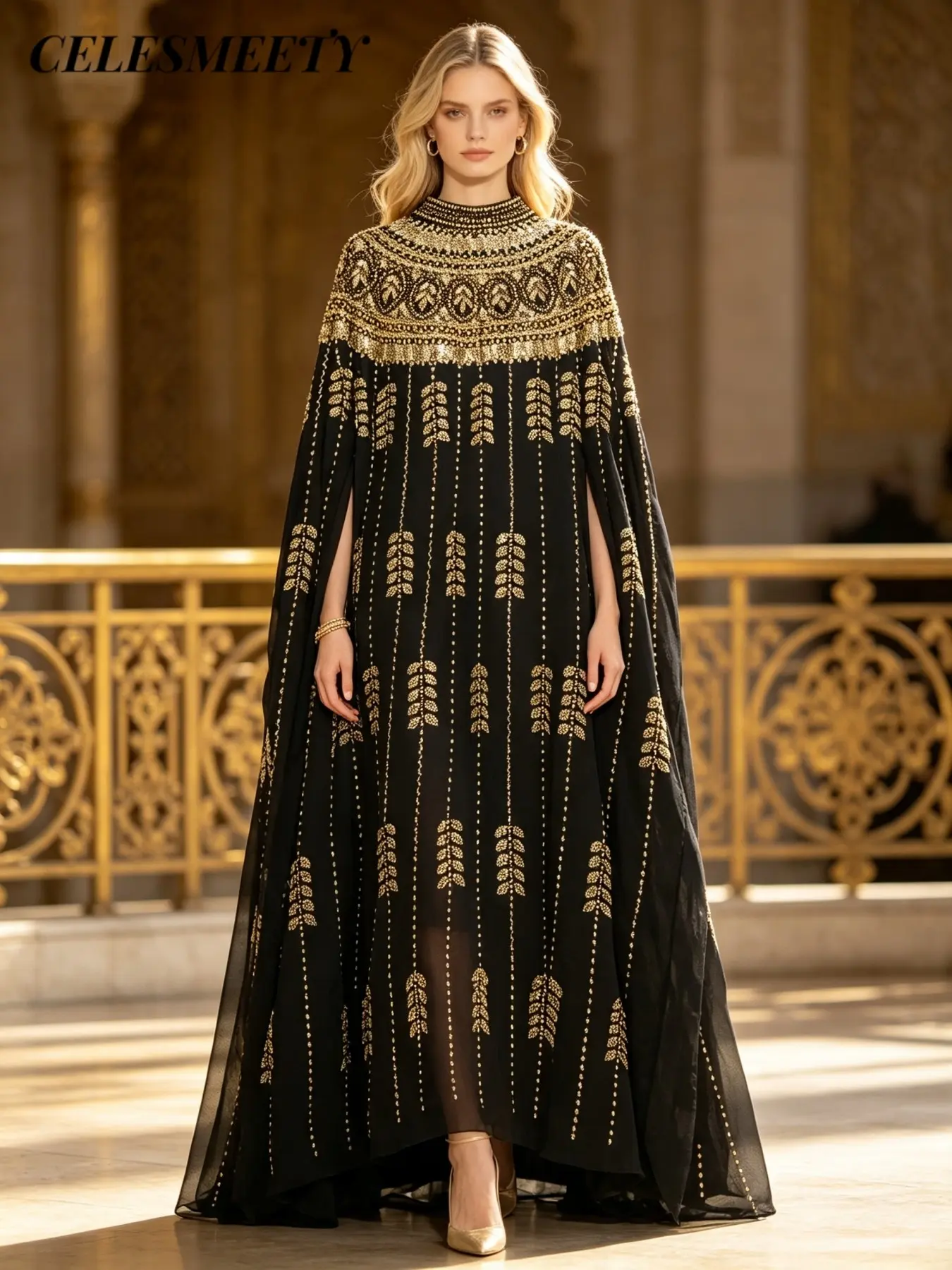 Celesmeety Women's Luxury Abaya Long Dress, Elegant Muslim Robe, Batwing Sleeve Kimono, Formal Kaftan Evening Gown, Wedding Party Outerwear