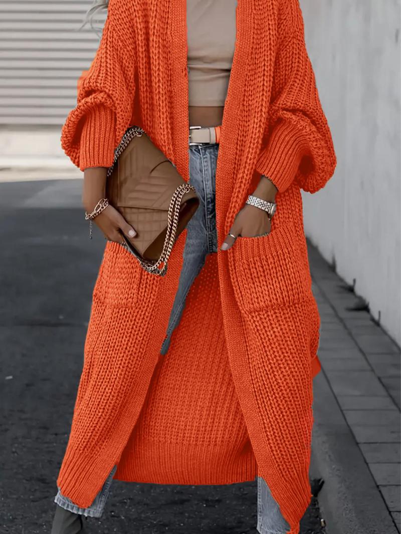 Women's Solid Drop Shoulder Long Cardigan, Casual Long Sleeve Cardigan with Pockets, Ladies Knitwear for Spring & Fall Daily Wear, Sweaters for Women