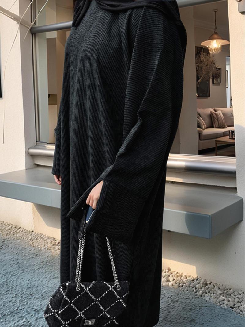 Women's Solid Color Split Sleeve Corduroy Robe, Modest Long Sleeve Round Neck Robe for Fall & Winter, Women's Islamic Clothing for Daily Wear, Modest Muslim Outfits