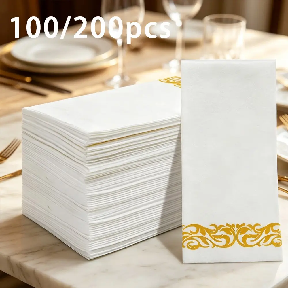 100/200 Disposable Napkins, Thickened Printed Napkins with Gold Edges, Soft Absorbent Bathroom Paper, Ideal for Kitchen, Parties, Weddings, Party Supplies