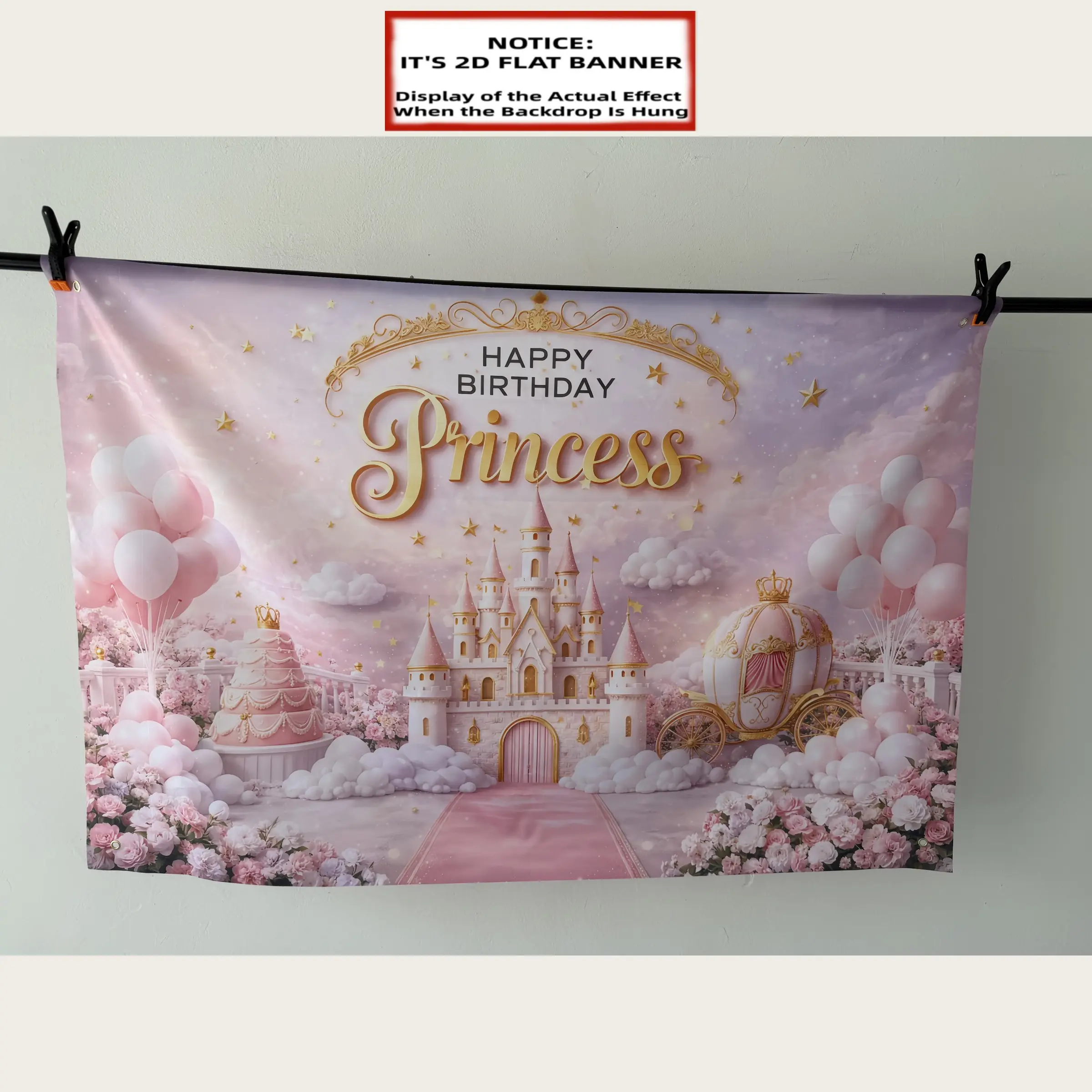 2D Flat Banner 1pc, 2D "HAPPY BIRTHDAY Princess" Golden Text Themed Backdrop, Birthday Decoration. The Centerpiece Features a Pink Castle Pumpkin Carriage Multi-tiered Birthday Cake and Pink Balloons. Above Is the Golden Text "HAPPY BIRTHDAY Princess"