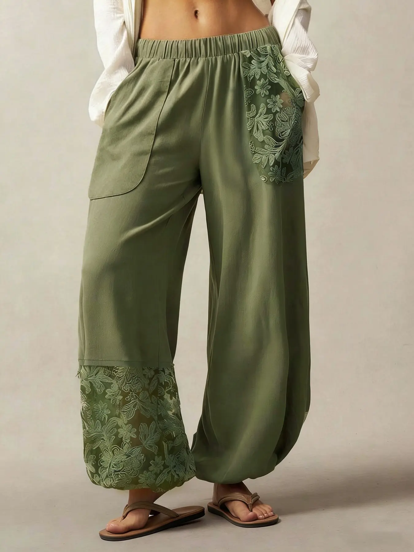 New Boho Style Military Elastic Waist Lace Patchwork Lantern Pants, Summer Lightweight Breathable Embroidered Lace Ankle Wide Leg Pants