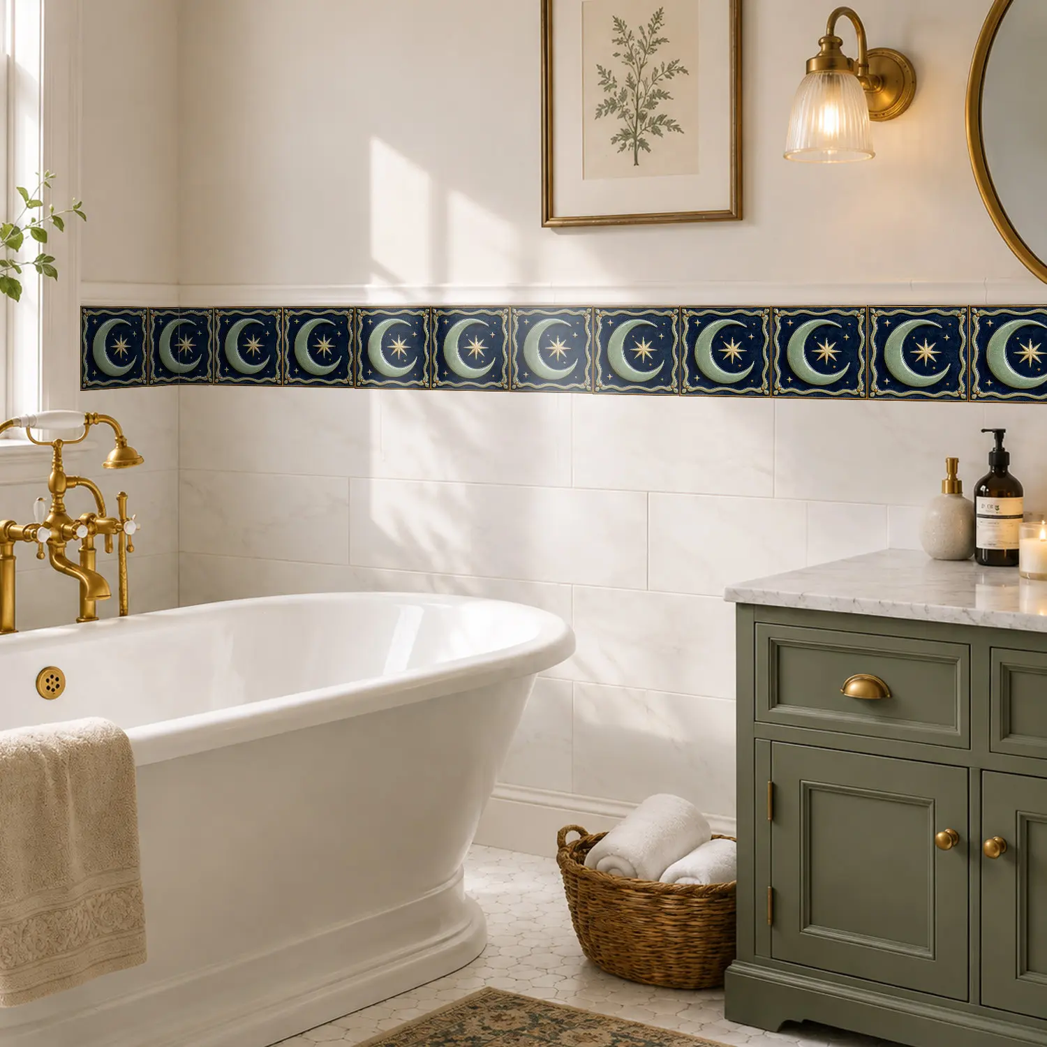Celestial Moon Star Peel and Stick Backsplash Tile Stickers, 6"x6" 2D Embossed Navy Gold, Waterproof Removable for Kitchen Bathroom, 8/16/32 Pcs