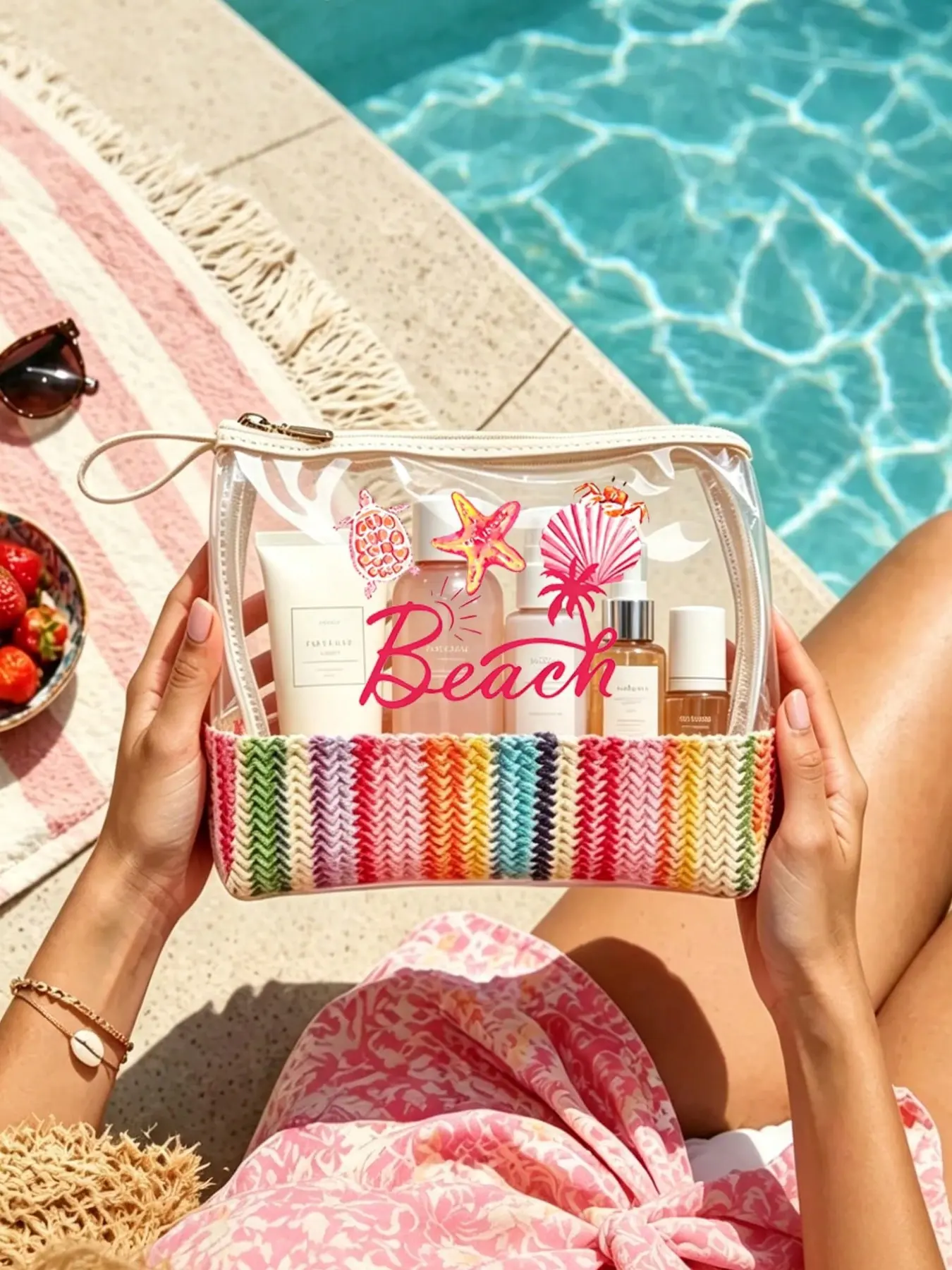 Woven 'beach' Letter Makeup Bag, Beach Wash Kit, Bridesmaid Makeup Bag, Letter Pool Bag, Ideal for Travel, Daily Use, Back-To-School
