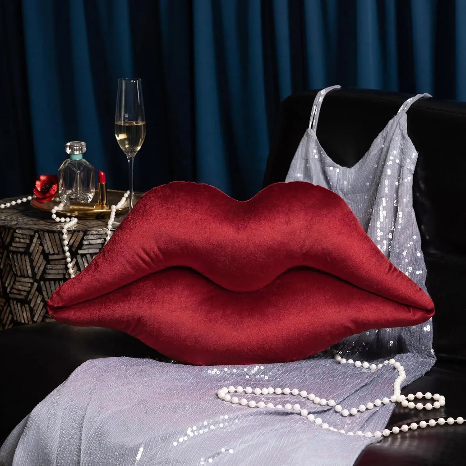 Upgraded Glossy  Lip Shape Throw Pillow, Delicately Soft, Glossy Shimmering and Brilliant with  Backing for Sofa, Bed and Living Room, Red, 24 X 12 Inches